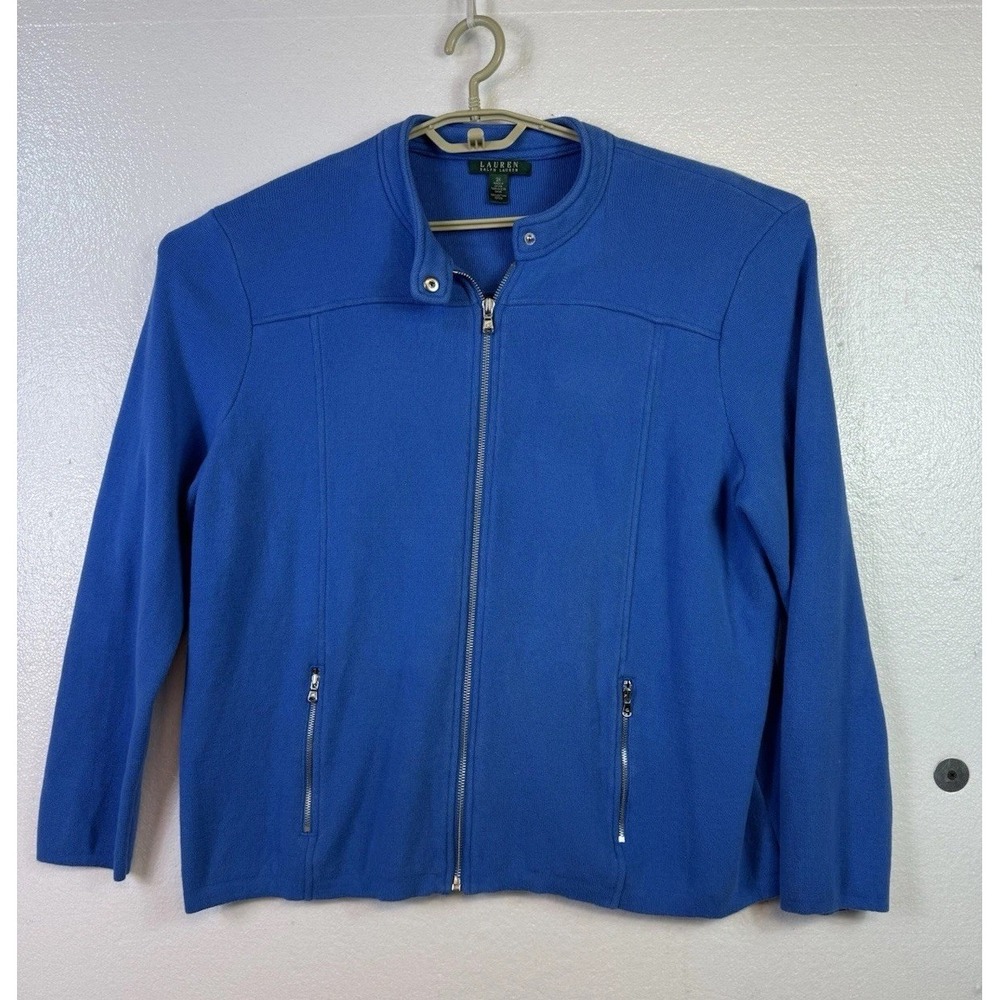 Lauren Ralph Lauren Womens Sweater Jacket Sz 2X Blue Cotton Full‎ zip Pockets